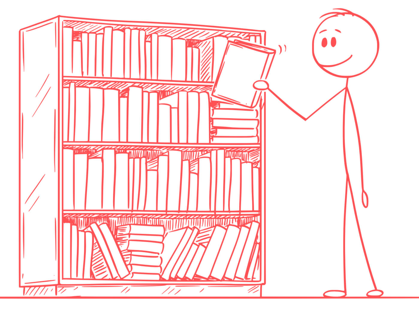 stick figure taking a book from a book case