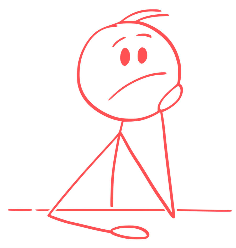 stick figure sitting at a desk, supporting his head with one hand and looking thoughtful