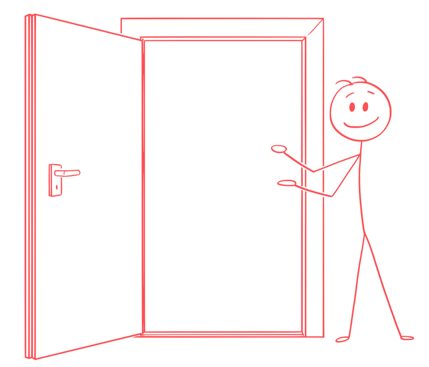 stick figure standing to the side of an open doorway and gesturing as if to welcome someone in