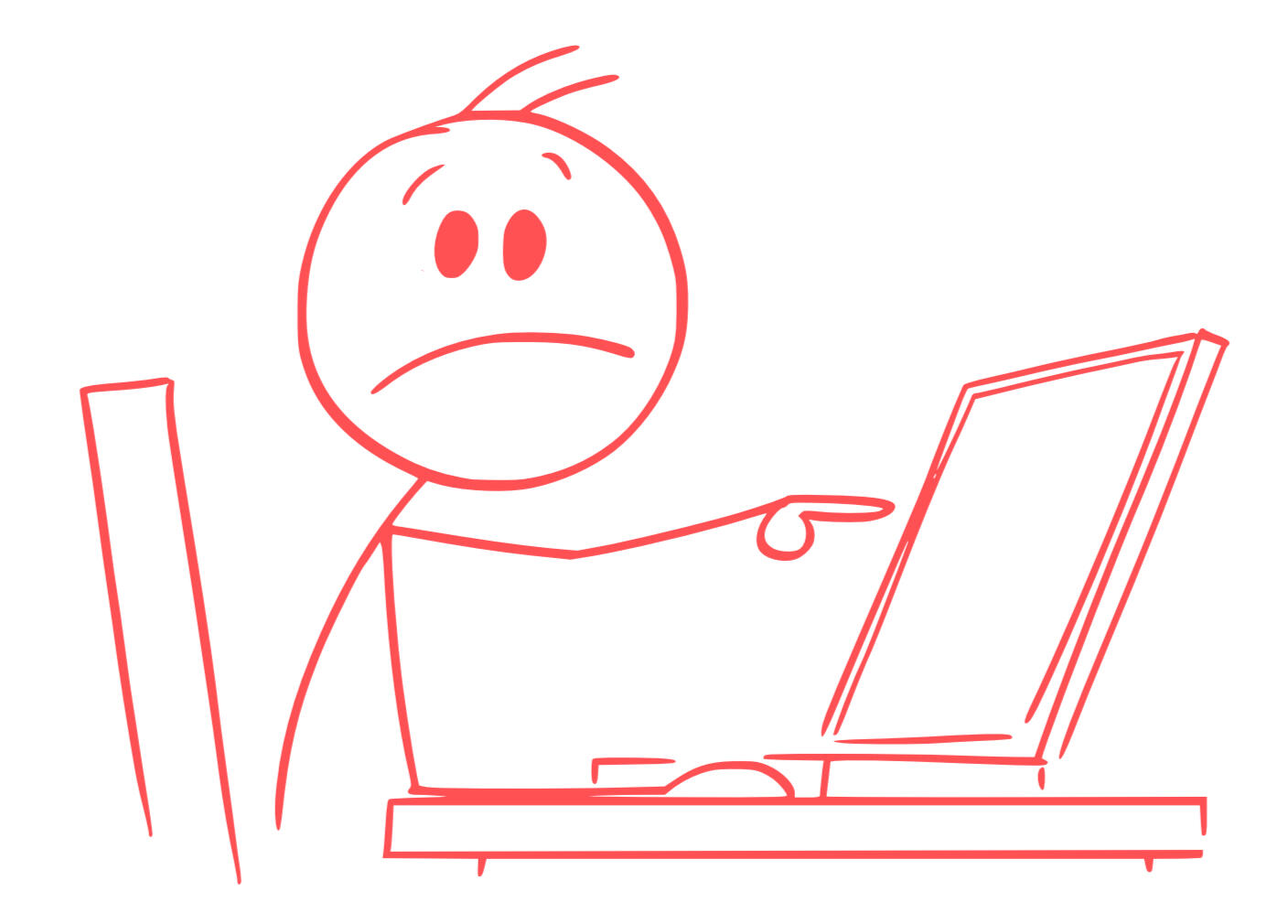 stick figure sitting at a computer, pointing at the screen and looking sad.