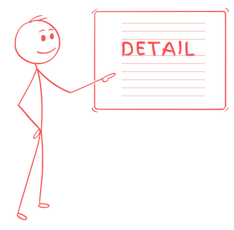 stick figure pointing to a whiteboard with the word 'detail' written on it.