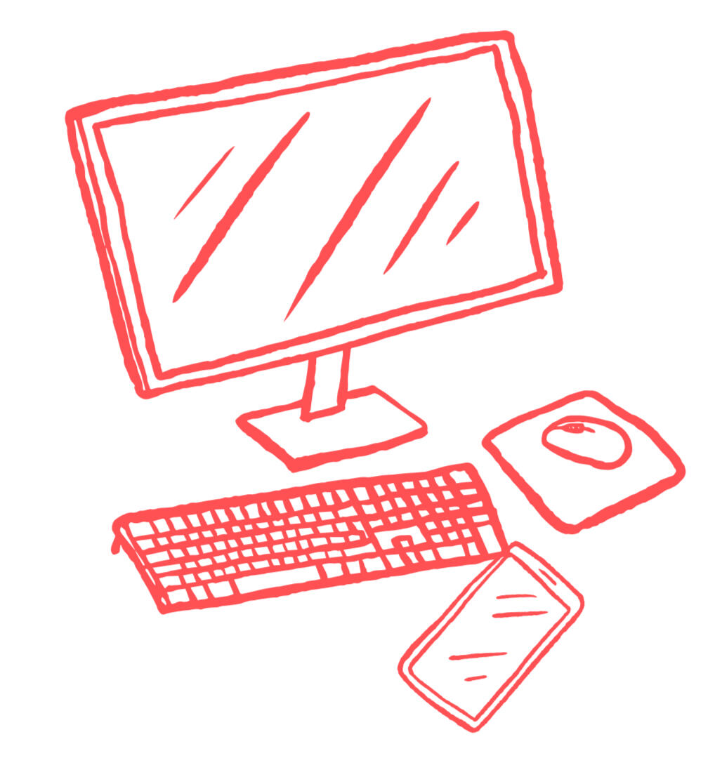 drawing of a computer screen, keyboard, mouse on a mouse mat and a smart phone