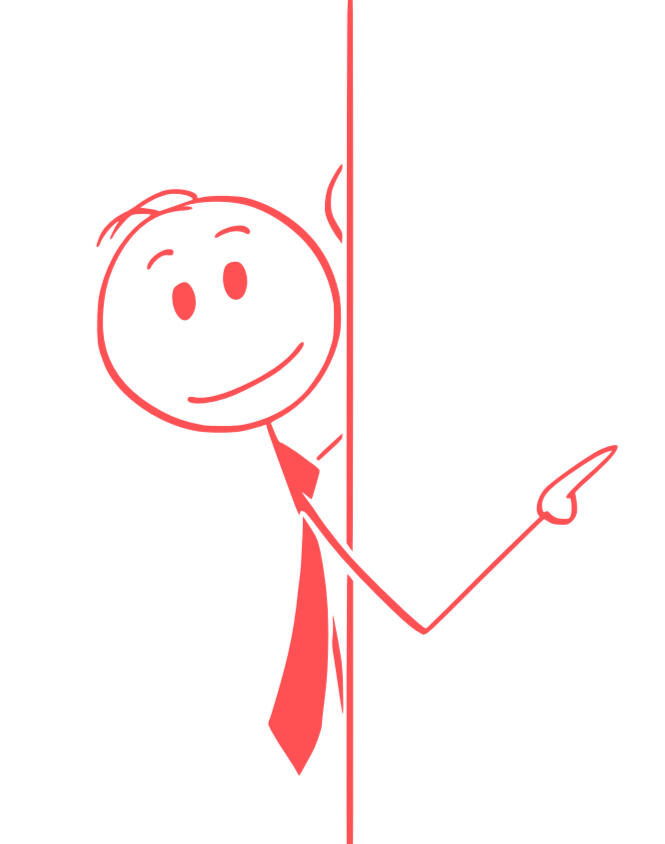 stick figure poking his head around the side of a wall and pointing to adjacent text block